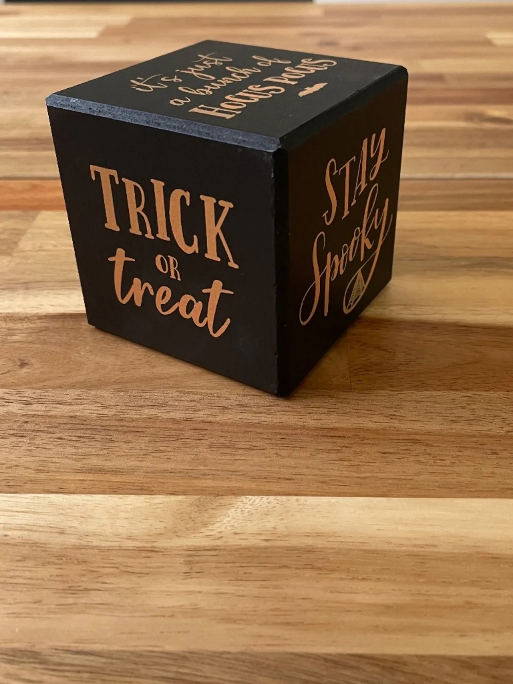 Halloween phrases wood cube - black with orange and white font